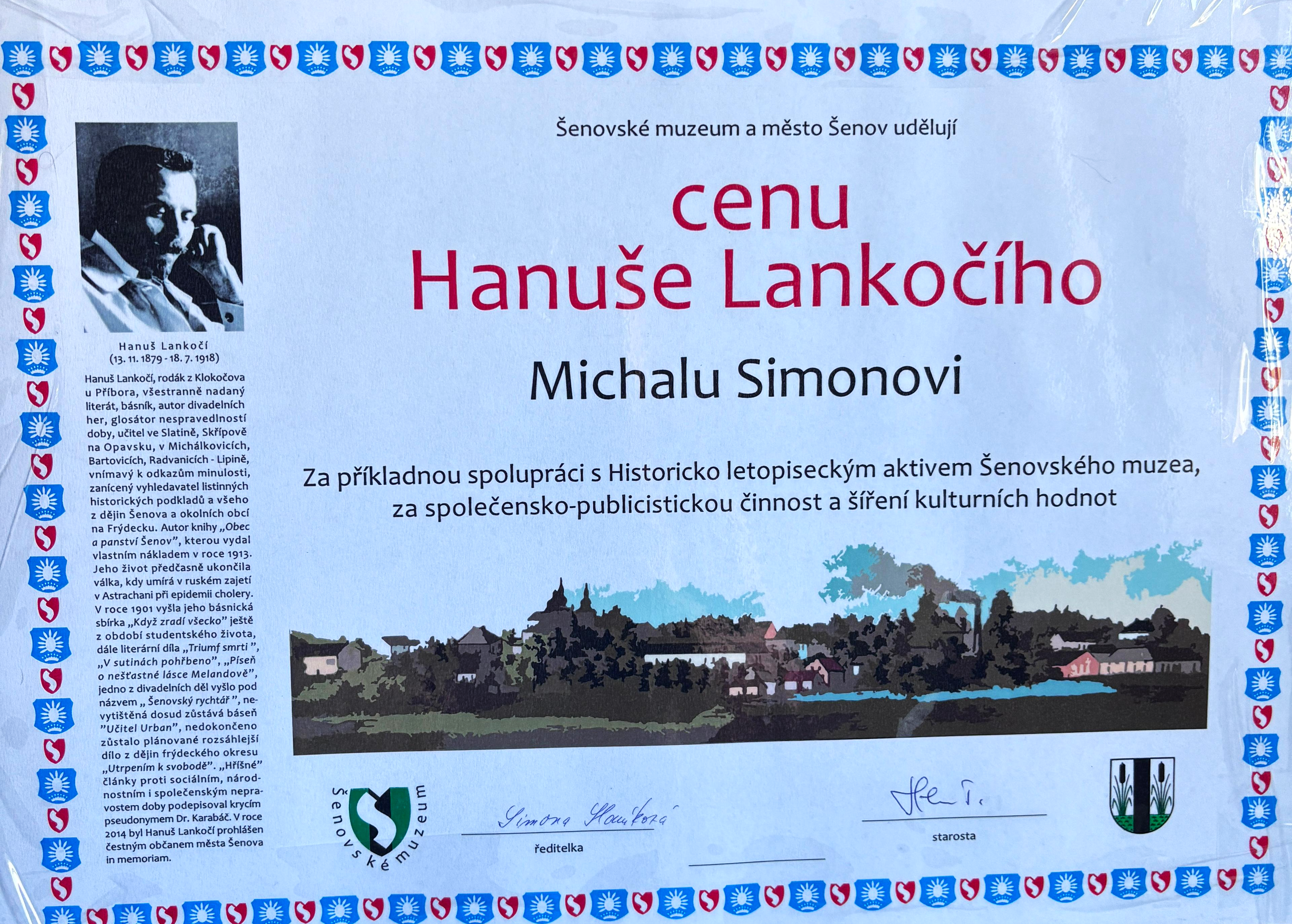 Certifikát Ceny Hanuše Lankočího